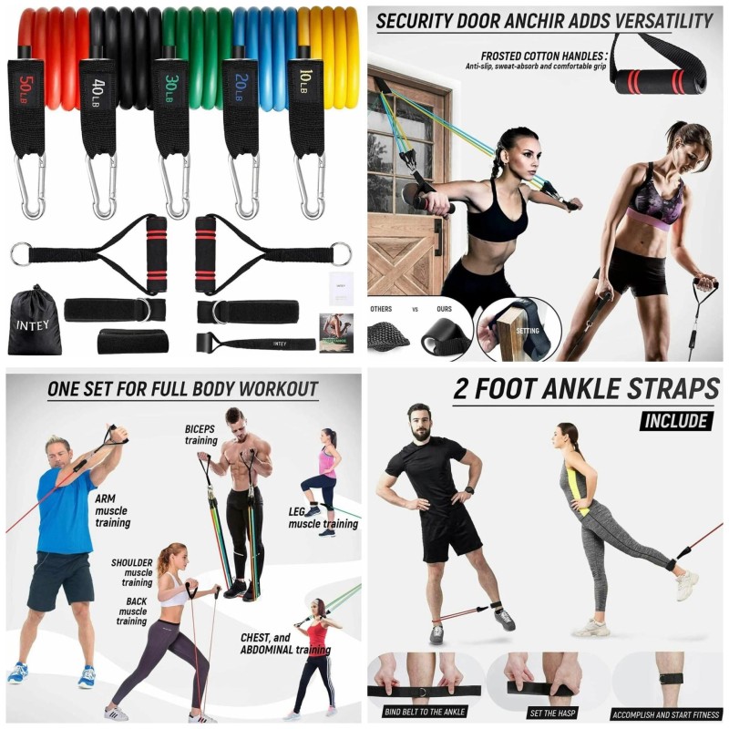 Pasipriešinimo gumų rinkinys treniruotėms – 5 lygiai (10–50 LB), su priedais