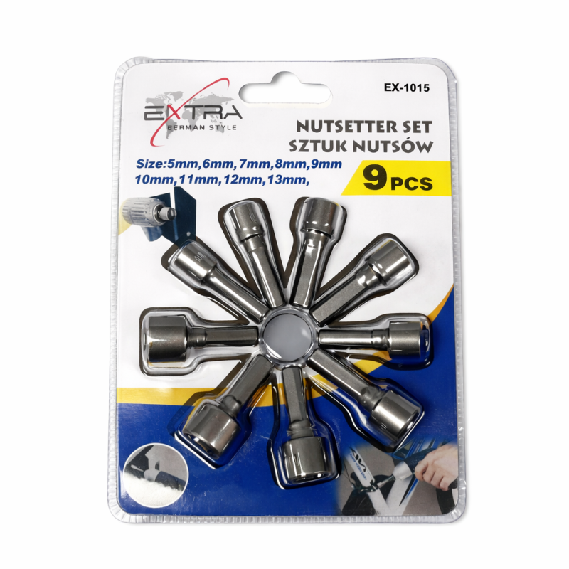 Veržlių antgalių rinkinys 1/4" (5–13 mm), 9 vnt.