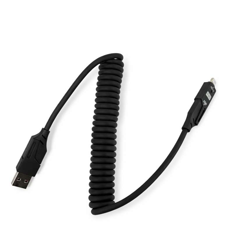 Telefono įkrovimo laidas 4-in-1 spiralinis, greitas įkrovimas 27/65W Telefono įkrovimo laidas 4-in-1 spiralinis, greitas įkrovimas 27/65W