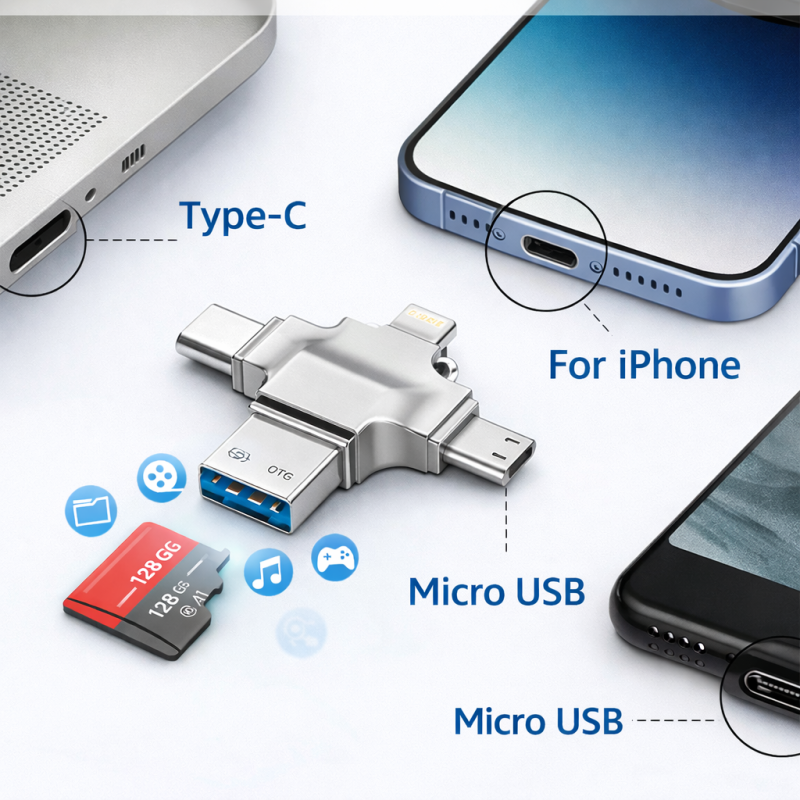 USB OTG adapteris / atmintinė su Lightning, USB-C, Micro USB ir USB 3.0 jungtimis