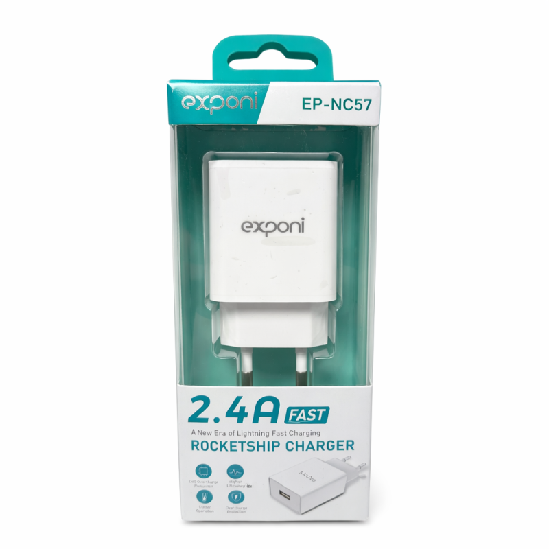 Telefono įkroviklis 5V 2.4A Exponi EP-NC57 – sieninis adapteris su greito krovimo funkcija Telefono įkroviklis 5V 2.4A Exponi EP-NC57 – sieninis adapteris su greito krovimo funkcija