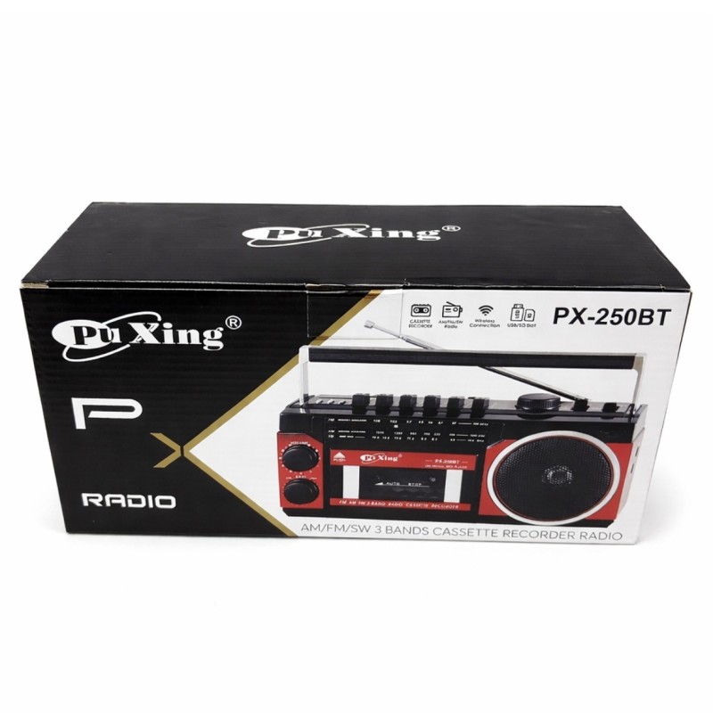 Radijo grotuvas su kasečių įrašymu ir Bluetooth, PuXing PX-250BT, juodai raudonas, 3 juostų AM/FM/SW