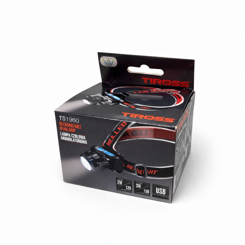 Galvos žibintas įkraunamas LED + COB TIROSS TS1960, USB, juodas su elastine juosta