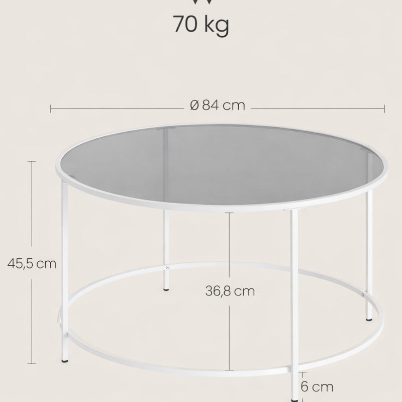Kavos staliukas apvalus, grūdinto stiklo stalviršis, baltos metalinės kojos, Ø84 cm