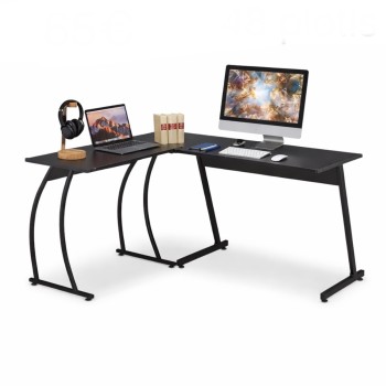 Rašomasis stalas L formos su metalinėmis kojomis ir laminuotos medžio plokštės stalviršiu, juodos spalvos