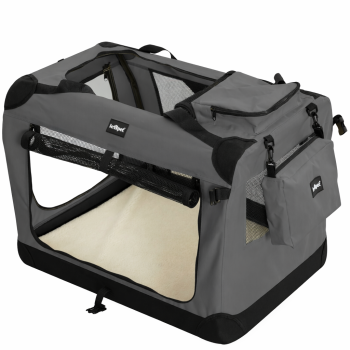 Gyvūnų transportavimo narvas – medžiaginė sulankstoma dėžė su tinkliniais langais, kišene ir rankenomis, pilka