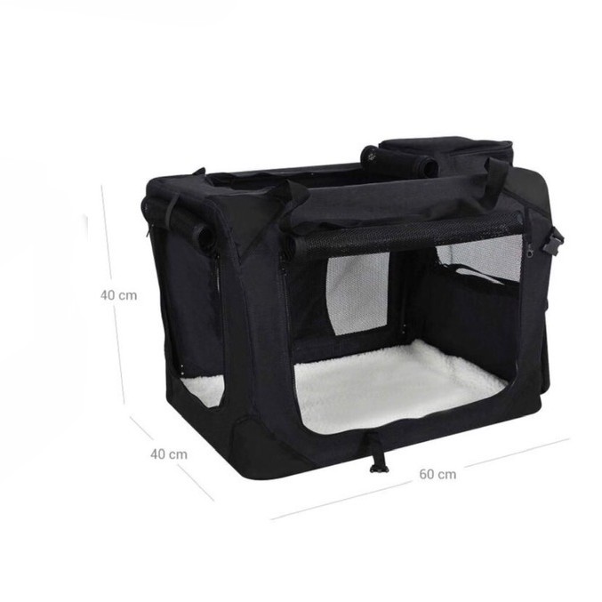 Gyvūnų transportavimo narvas – sulankstoma medžiaginė dėžė su tinklelio langais ir rankenomis, juoda, 60×40×40 cm