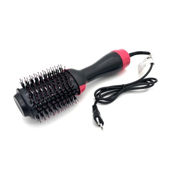 Plaukų džiovintuvas–šepetys „One Step Hair Dryer and Styler“, juodos ir rožinės spalvos, su apvaliu šepečiu ir 4 režimų jungikliu