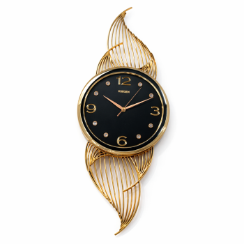 Sieninis laikrodis dekoratyvinis, apvalus ciferblatas, auksinės spalvos plastikinis rėmas su lapo formos elementais, juodas arba baltas ciferblatas