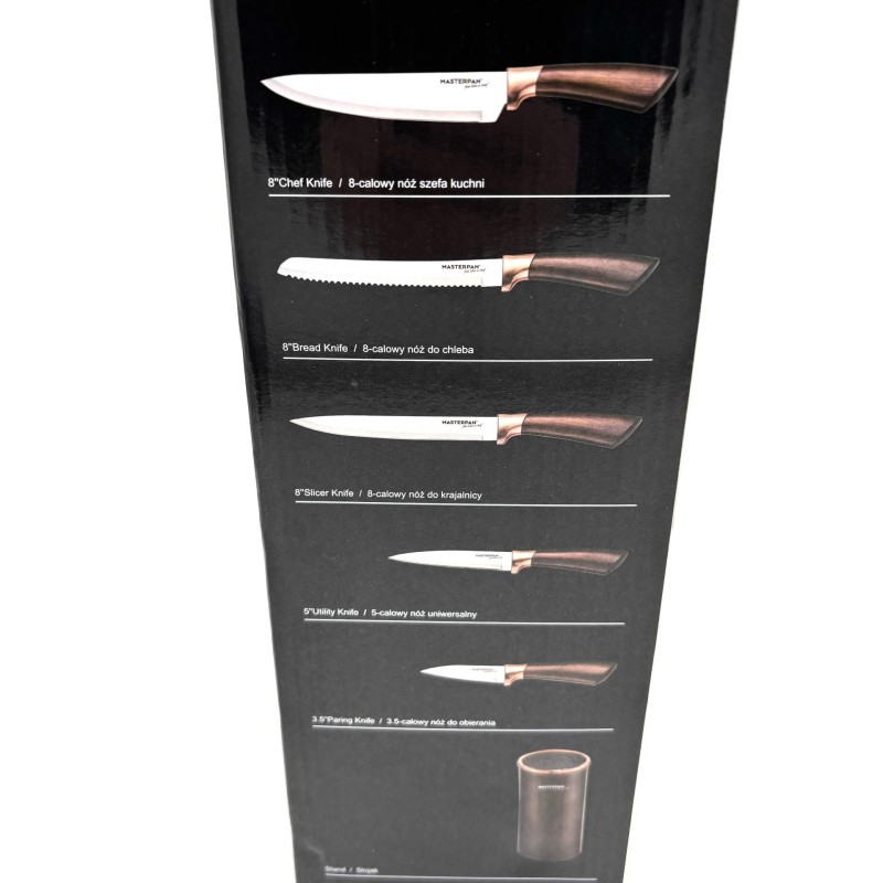 Peilių rinkinys su stovu Masterpan, 6 dalių, vario spalvos cilindrinis laikiklis, modelis ZL-5111