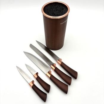 Peilių rinkinys su stovu Masterpan, 6 dalių, vario spalvos cilindrinis laikiklis, modelis ZL-5111