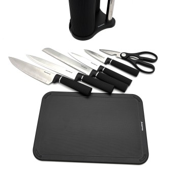 Peilių rinkinys su stovu ir integruotu popierinių rankšluosčių laikikliu, 8 dalių, su pjaustymo lentele