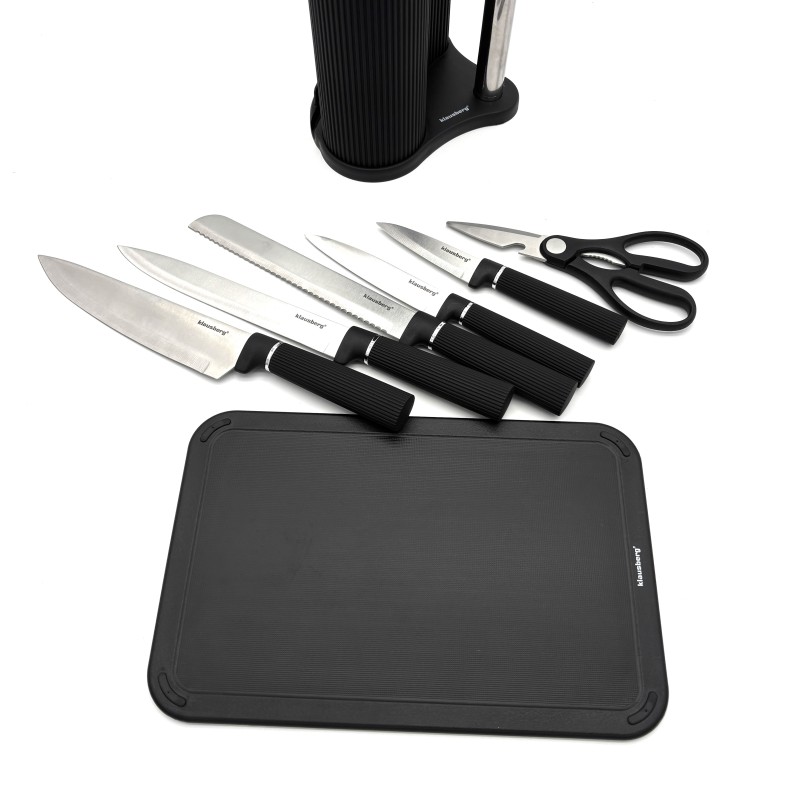 Peilių rinkinys su stovu ir integruotu popierinių rankšluosčių laikikliu, 8 dalių, su pjaustymo lentele