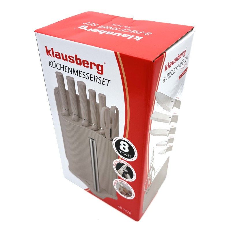 Peilių rinkinys su stovu ir integruotu popierinių rankšluosčių laikikliu, 8 dalių, su pjaustymo lentele
