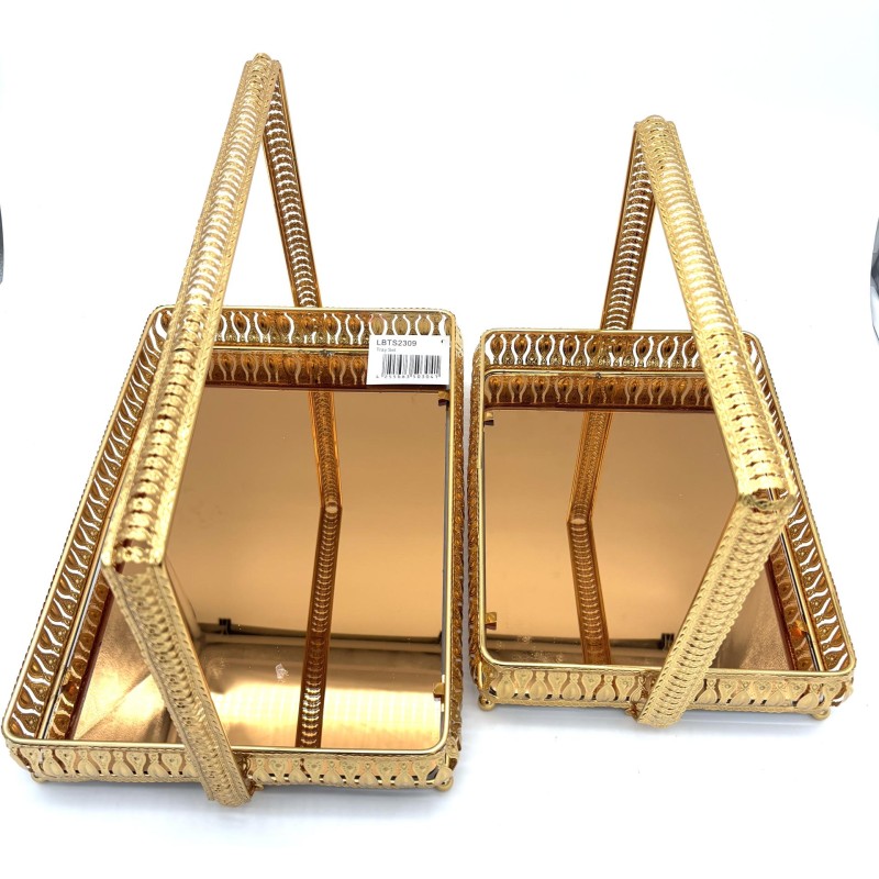 Dekoratyviniai padėklai su veidrodiniu pagrindu ir aukso spalvos metaliniu rėmu