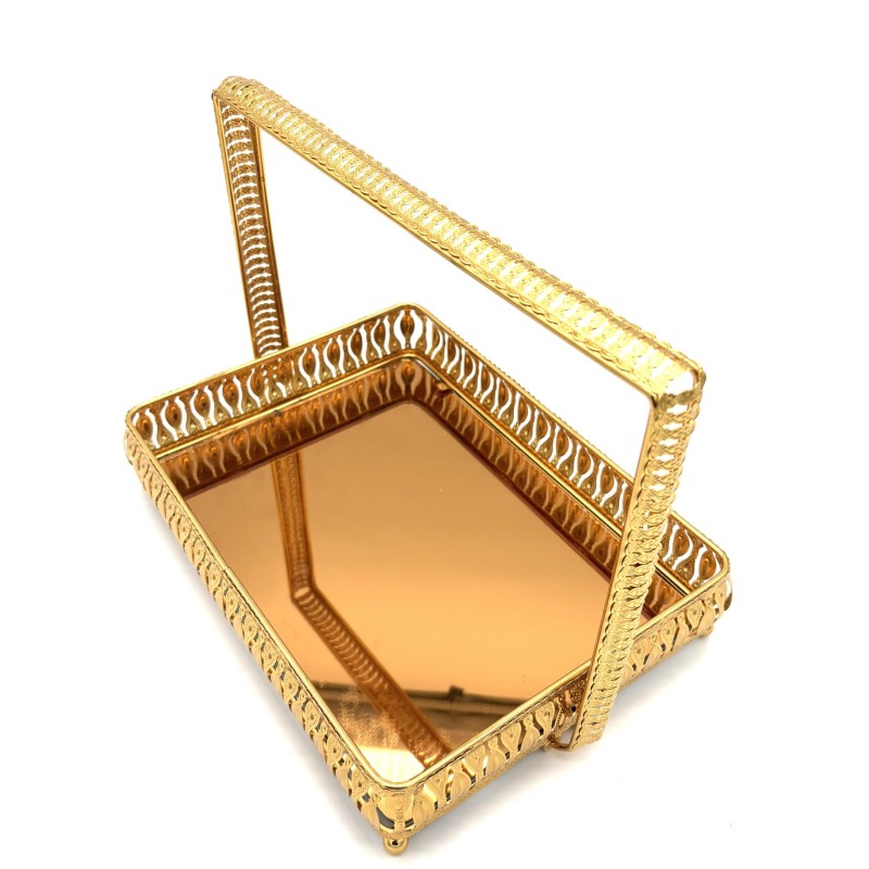 Dekoratyviniai padėklai su veidrodiniu pagrindu ir aukso spalvos metaliniu rėmu