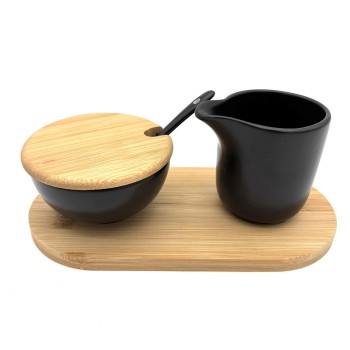 Pieno ir cukraus indelių rinkinys keraminis su bambukiniu padėklu ir šaukšteliu