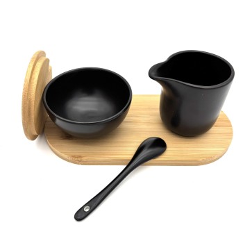 Pieno ir cukraus indelių rinkinys keraminis su bambukiniu padėklu ir šaukšteliu