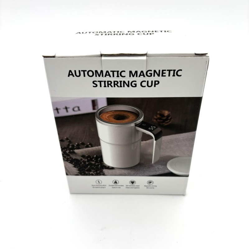 Automatinis magnetinis maišantis termo puodelis kavai, arbatai ir kitiems gėrimams su rankena ir temperatūros ekranu, baltas, 300 ml