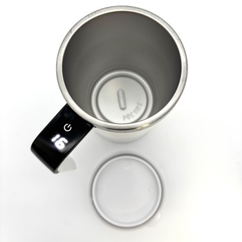Automatinis magnetinis maišantis termo puodelis kavai, arbatai ir kitiems gėrimams su rankena ir temperatūros ekranu, baltas, 300 ml