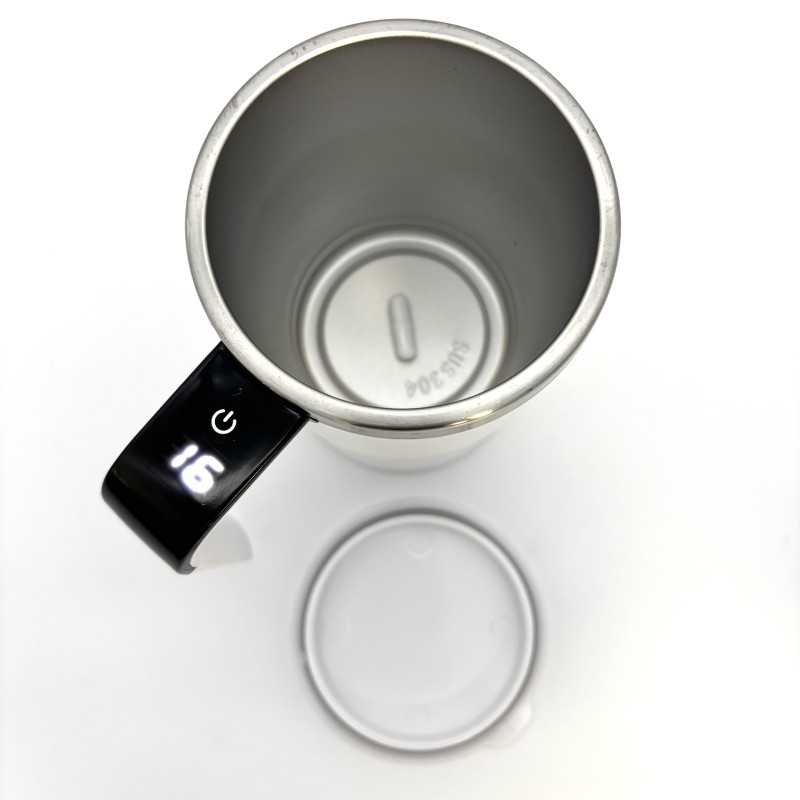 Automatinis magnetinis maišantis termo puodelis kavai, arbatai ir kitiems gėrimams su rankena ir temperatūros ekranu, baltas, 300 ml
