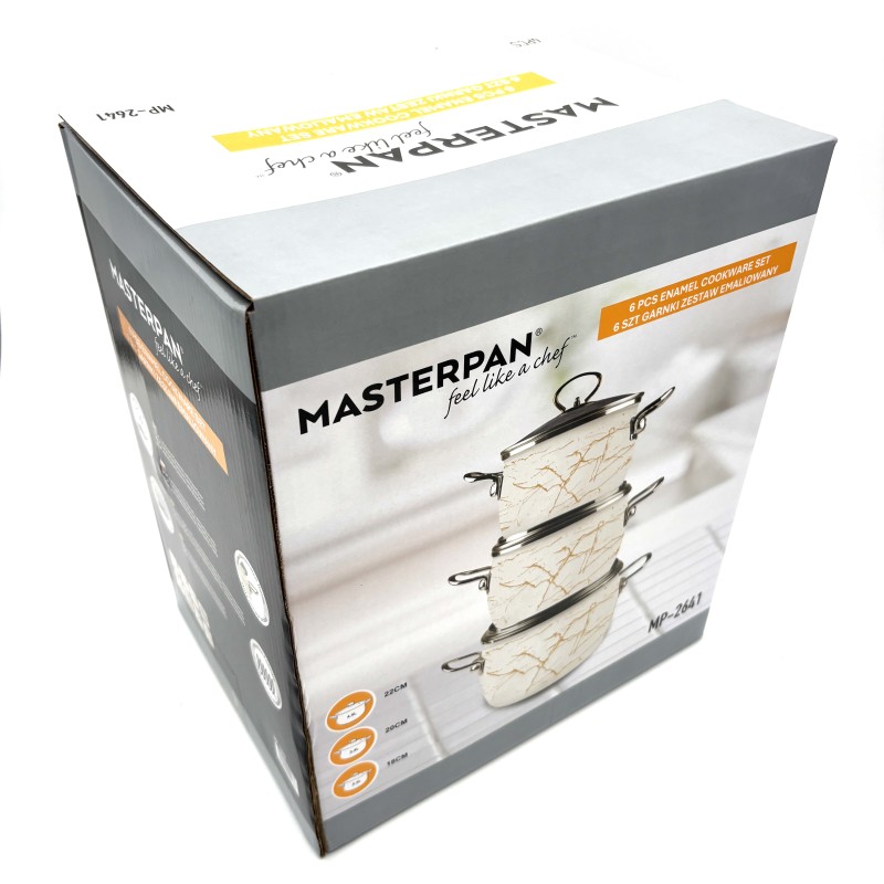 Puodų rinkinys MASTERPAN emaliuotas su dangčiais 18/20/22 cm, 2.4L/3.4L/4.5L, 6 dalių