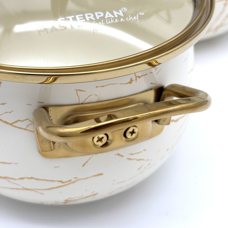 Puodų rinkinys MASTERPAN emaliuotas su dangčiais 18/20/22/24 cm, 8 dalių, marmuro rašto, modelis MP-2635