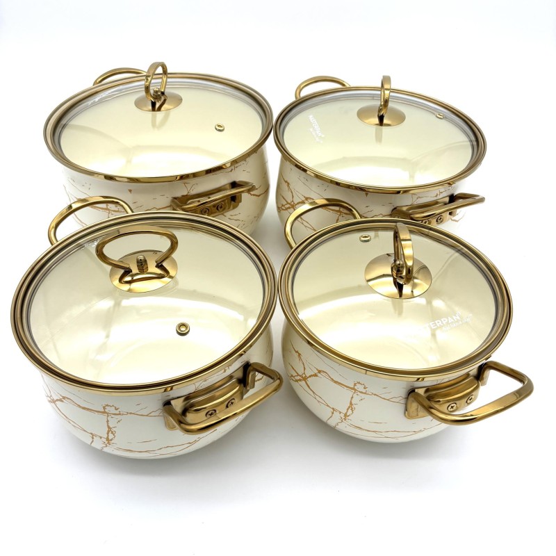 Puodų rinkinys MASTERPAN emaliuotas su dangčiais 18/20/22/24 cm, 8 dalių, marmuro rašto, modelis MP-2635
