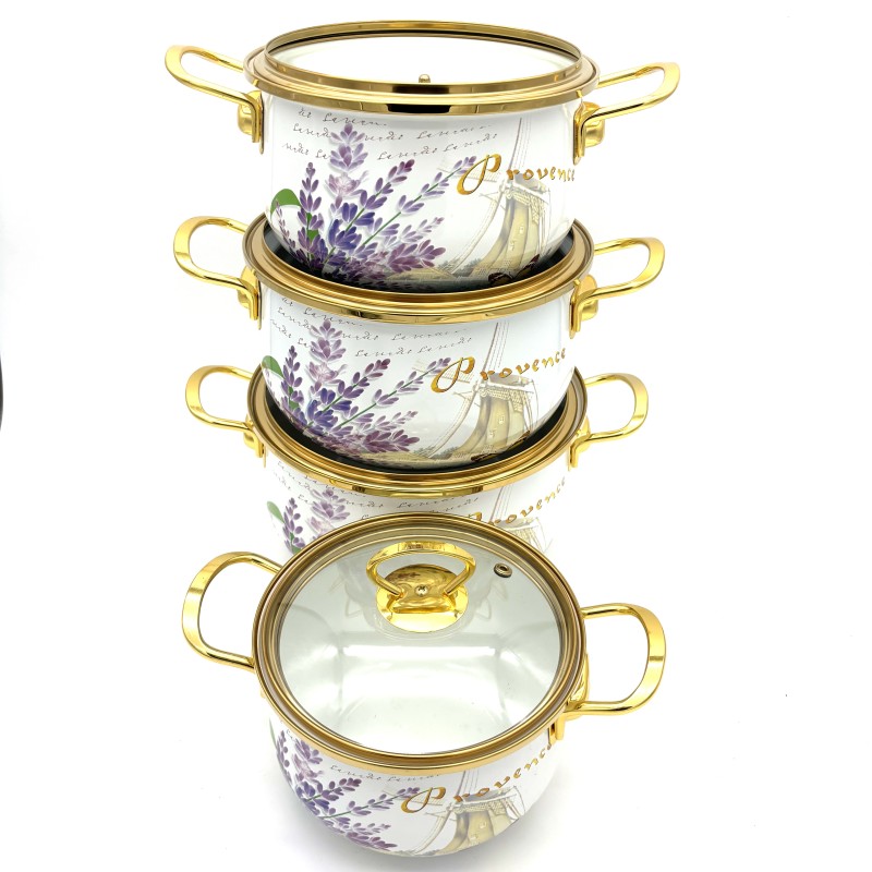 Puodų rinkinys emaliuotas su dangčiais 18/20/22/24 cm, 2.3L/3.0L/4.0L/5.0L, 8 dalių, modelis EB-9115 Puodų rinkinys emaliuotas su dangčiais 18/20/22/24 cm, 2.3L/3.0L/4.0L/5.0L, 8 dalių, modelis EB-9115