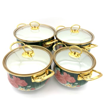 Puodų rinkinys emaliuotas su dangčiais 18/20/22/24 cm, 2.3L/3.0L/4.0L/5.0L, 8 dalių, žalias su gėlių dekoru