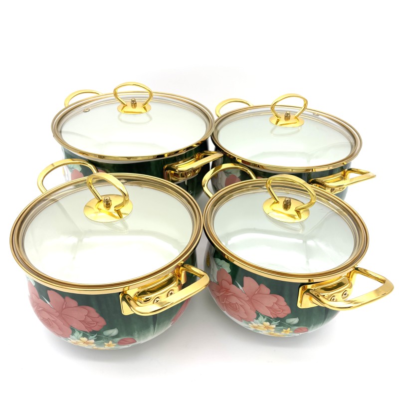 Puodų rinkinys emaliuotas su dangčiais 18/20/22/24 cm, 2.3L/3.0L/4.0L/5.0L, 8 dalių, žalias su gėlių dekoru
