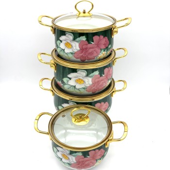 Puodų rinkinys emaliuotas su dangčiais 18/20/22/24 cm, 2.3L/3.0L/4.0L/5.0L, 8 dalių, žalias su gėlių dekoru