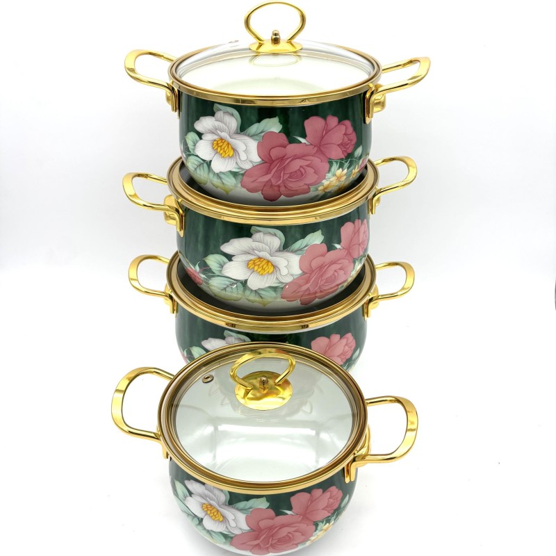 Puodų rinkinys emaliuotas su dangčiais 18/20/22/24 cm, 2.3L/3.0L/4.0L/5.0L, 8 dalių, žalias su gėlių dekoru