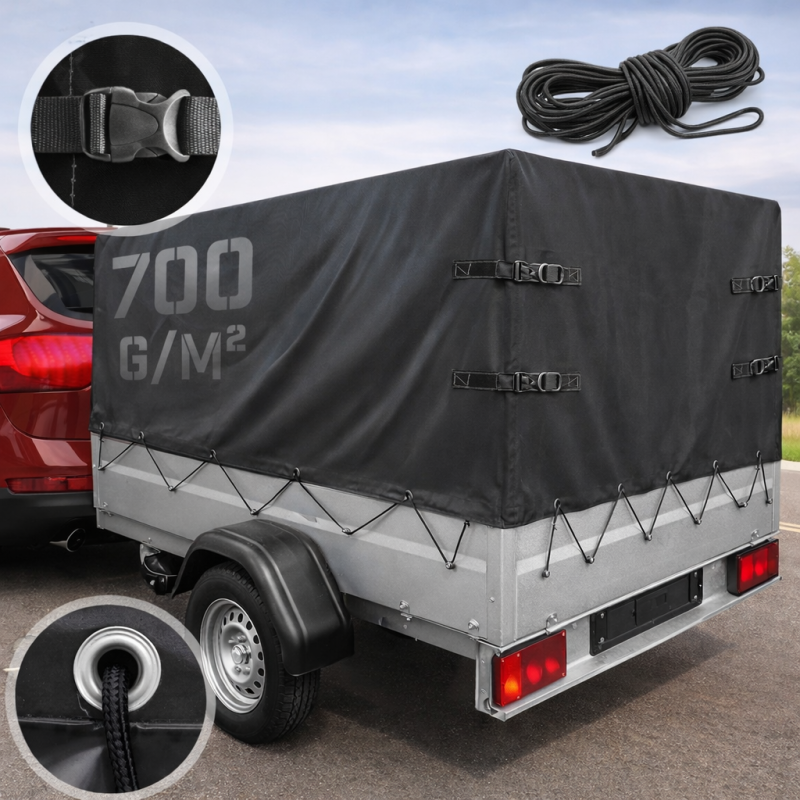 Automobilio priekabos tentas su tvirtinimo virve, 2100 × 1140 × 1100 mm, 700 g/m²
