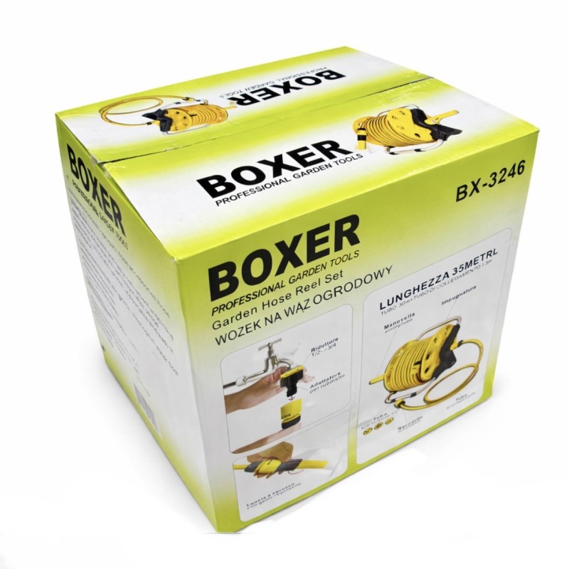 Sodo žarnos ritės komplektas Boxer BX 3246 rankena ir geltona 35m žarna Sodo žarnos ritės komplektas Boxer BX 3246 rankena ir geltona 35m žarna