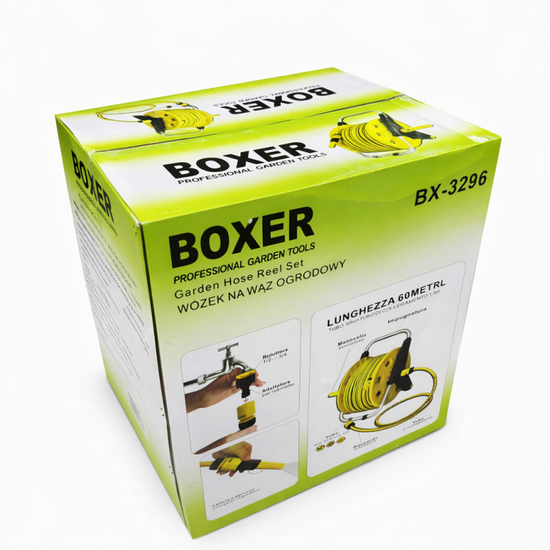 Sodo žarnos ritė su laikikliu ir purškimo antgaliu BOXER BX-3296 60 m su 1.5 m prijungimo žarna Sodo žarnos ritė su laikikliu ir purškimo antgaliu BOXER BX-3296 60 m su 1.5 m prijungimo žarna