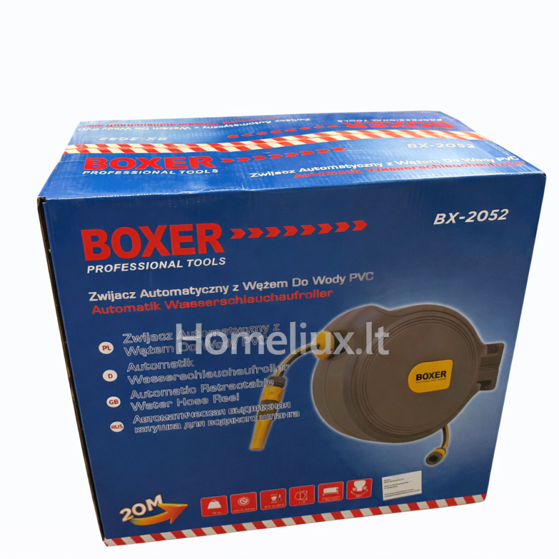 Automatinė vandens žarnos ritė su PVC žarna 20 m, sieninė, Boxer BX-2052