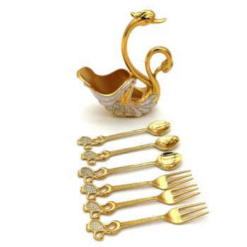 Šaukštelių ir šakučių rinkinys su gulbės stovu, metalinis, 15,5×14 cm, įrankių ilgis 13 cm