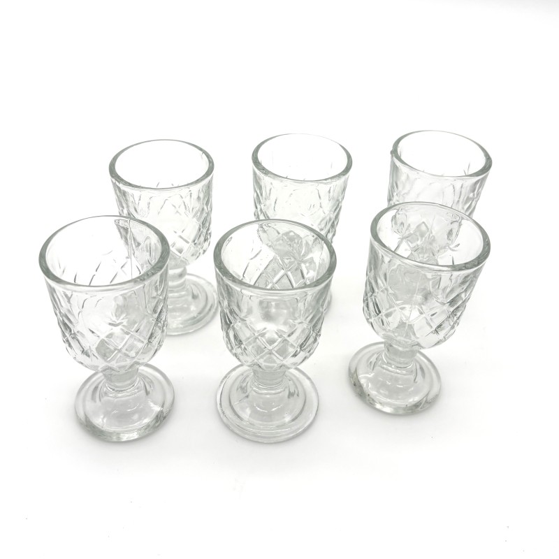 Stikliukų rinkinys ant kojelės 6 vnt., skaidrus raštuotas stiklas, 50 ml