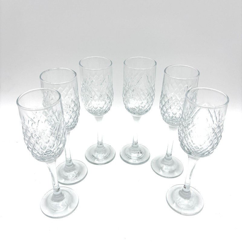 Stiklinės taurės 125ml ant kojelės 6 vnt., skaidrus raštuotas stiklas