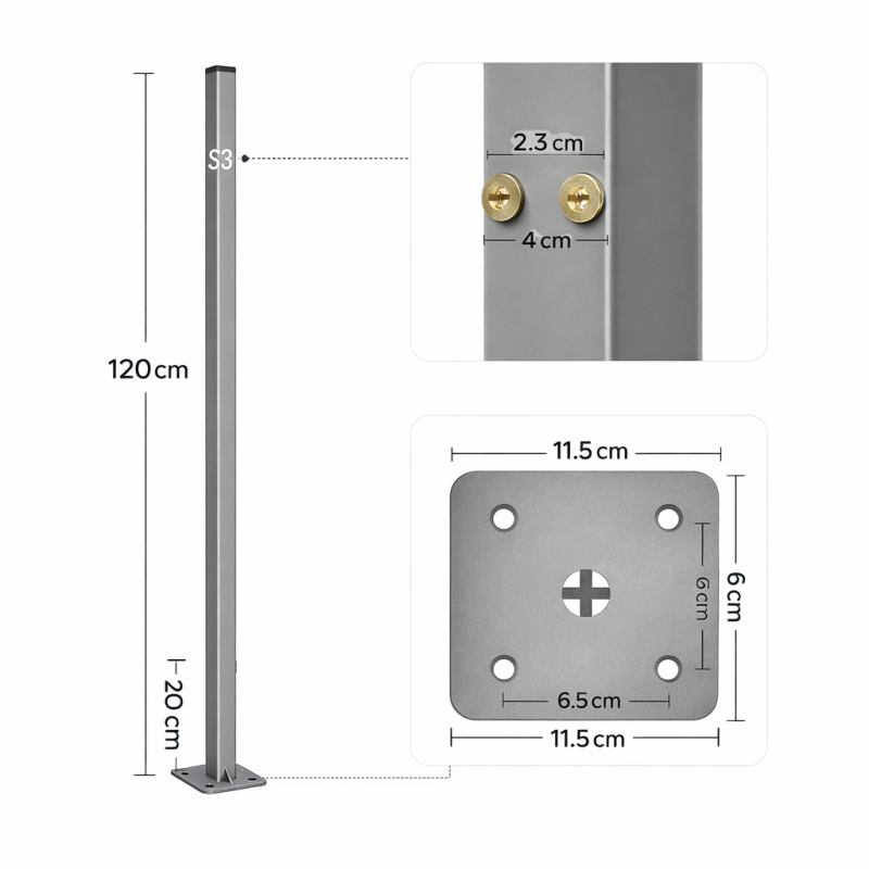 Markizės stovas 120 cm su tvirtinimo plokšte, pilkas