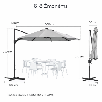Lauko skėtis su šoniniu stovu 300 cm, su apšvietimu, šviesiai pilkas