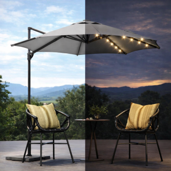 Lauko skėtis su šoniniu stovu 300 cm, su apšvietimu, šviesiai pilkas