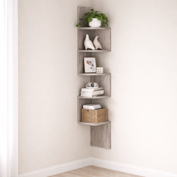 Kampinė sieninė lentyna medinė laminuota, 5 aukštų, 126 cm, pilkai medžio spalvos