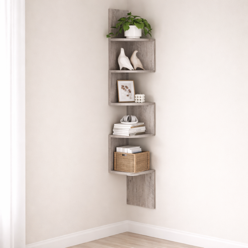 Kampinė sieninė lentyna medinė laminuota, 5 aukštų, 126 cm, pilkai medžio spalvos