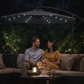 Lauko skėtis su šonine atrama ir LED apšvietimu, pilkas, skersmuo 300 cm, aukštis 245 cm