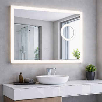 Vonios veidrodis su LED apšvietimu 80x60 cm, reguliuojama šviesa ir laikrodis