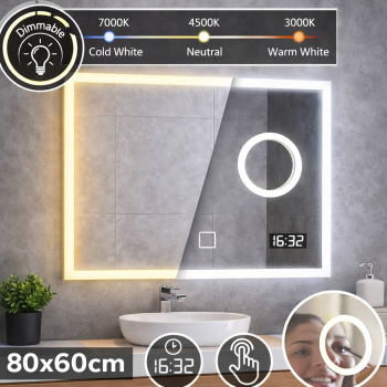 Vonios veidrodis su LED apšvietimu 80x60 cm, reguliuojama šviesa ir laikrodis