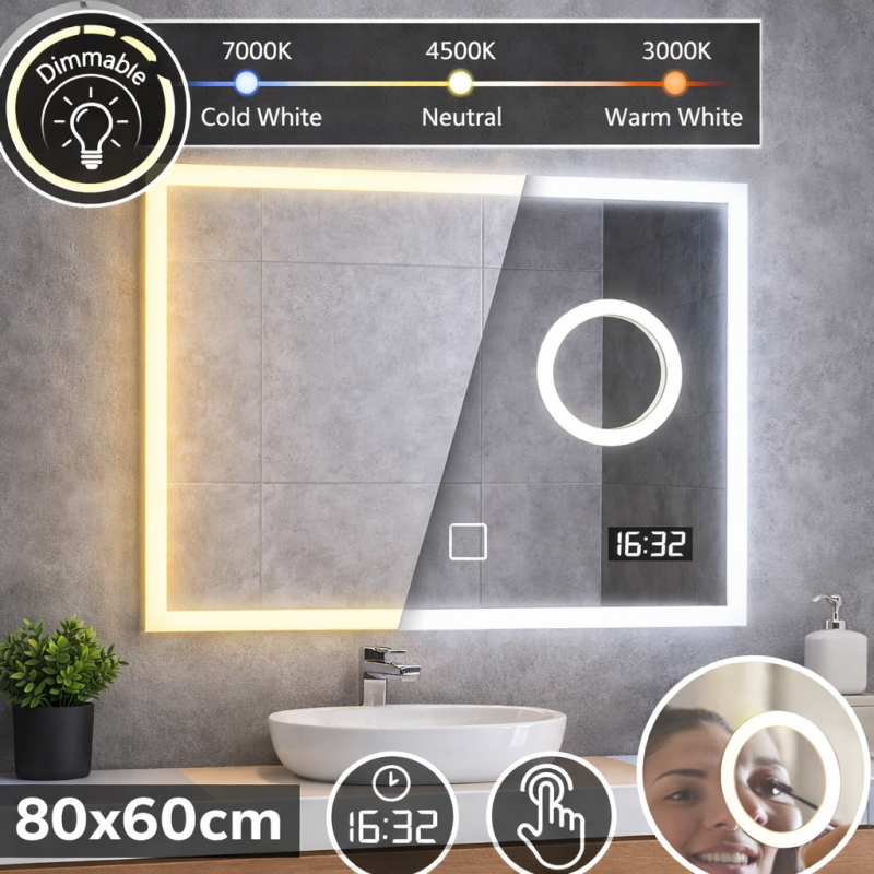 Vonios veidrodis su LED apšvietimu 80x60 cm, reguliuojama šviesa ir laikrodis