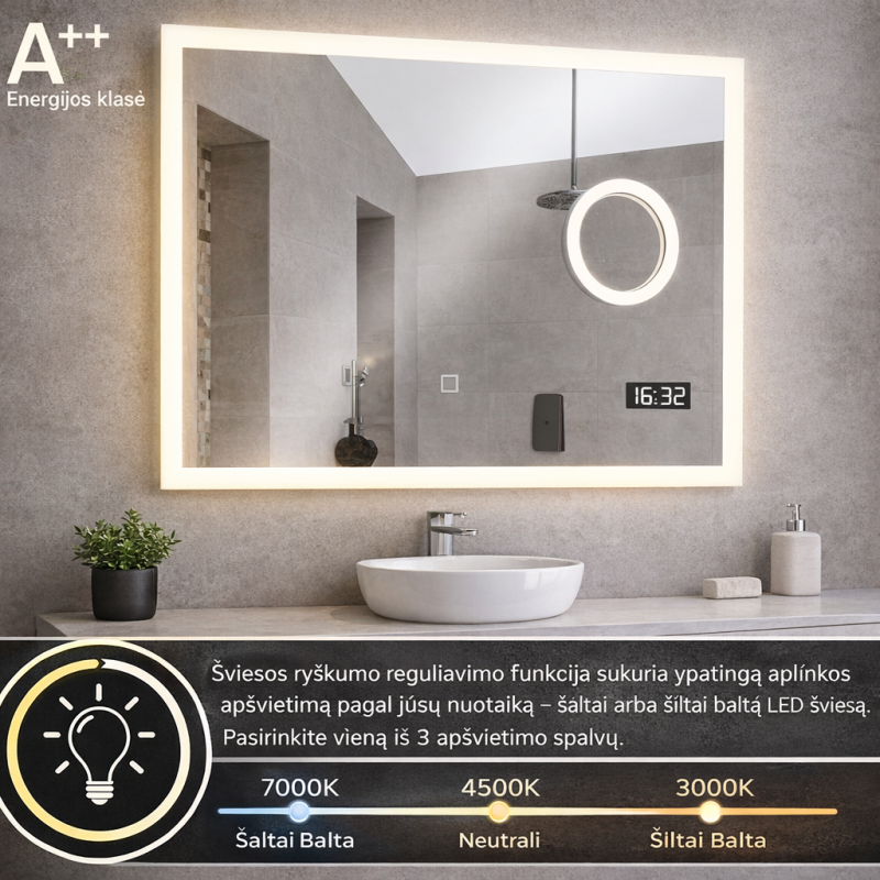 Vonios veidrodis su LED apšvietimu 80x60 cm, reguliuojama šviesa ir laikrodis
